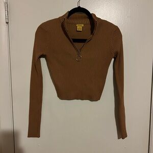 Daisy Tan Ribbed Zip-Up Crop Top